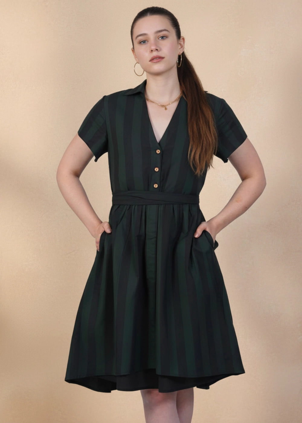 Green & Black Striped Cotton Dress | Sustainable Women's Clothing | Karee Green & Black Striped Cotton Dress | Sustainable Women's Clothing | Karee