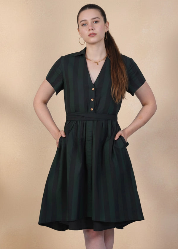 Green & Black Striped Elegance Slit Dress