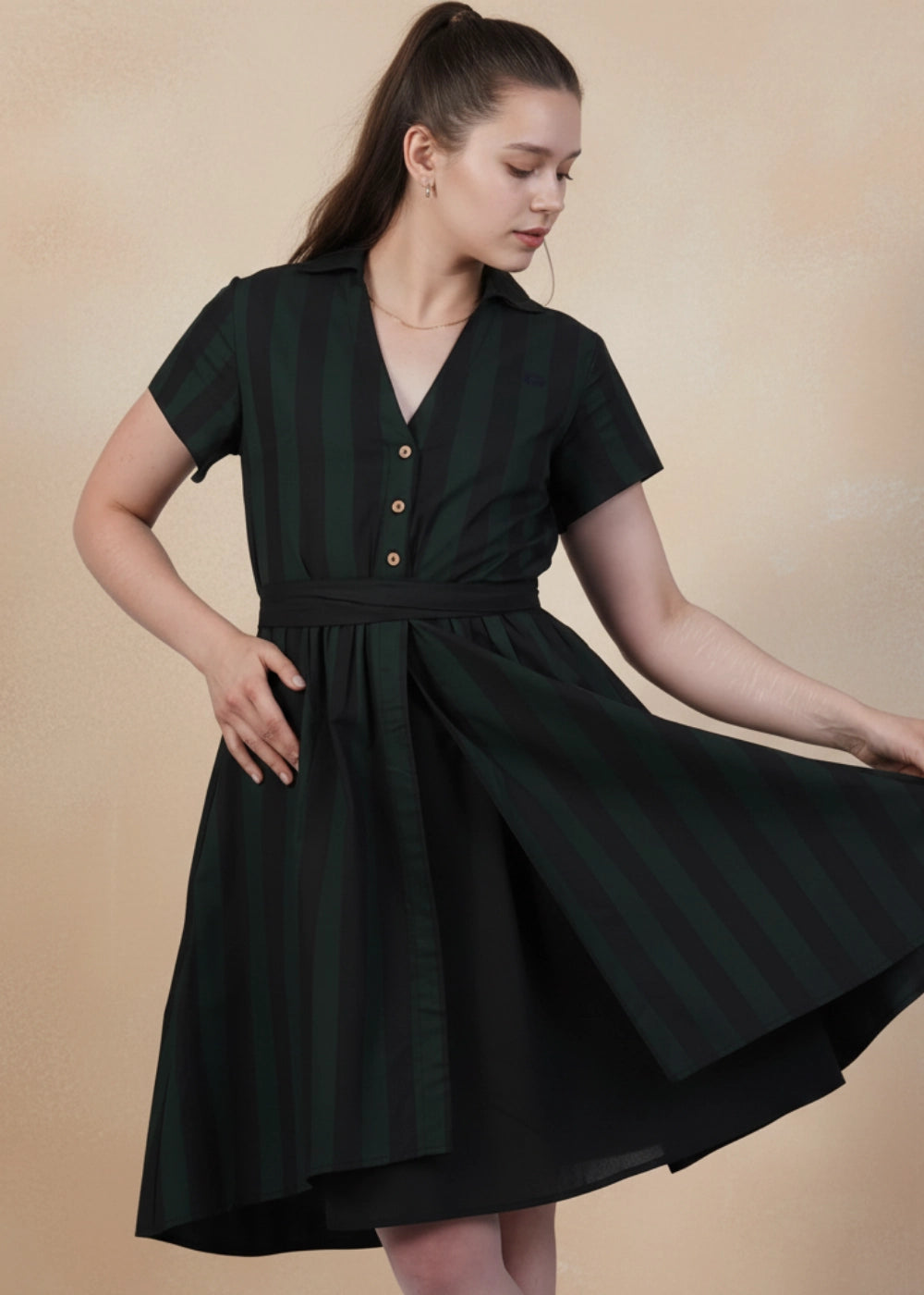 Green & Black Striped Cotton Dress | Sustainable Women's Clothing