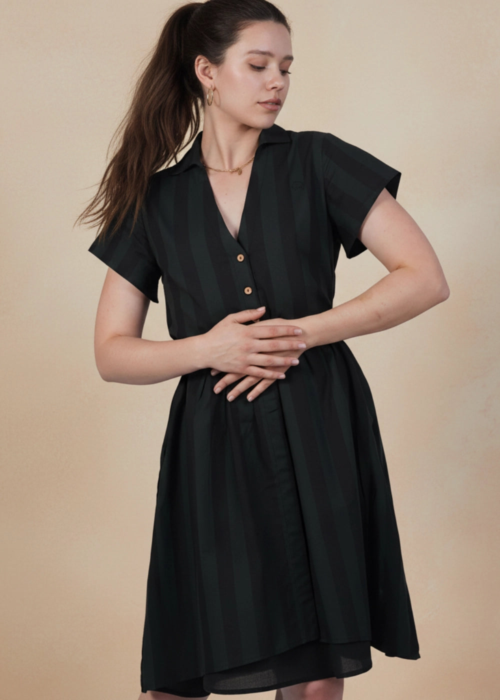 Green & Black Striped Elegance Slit Dress