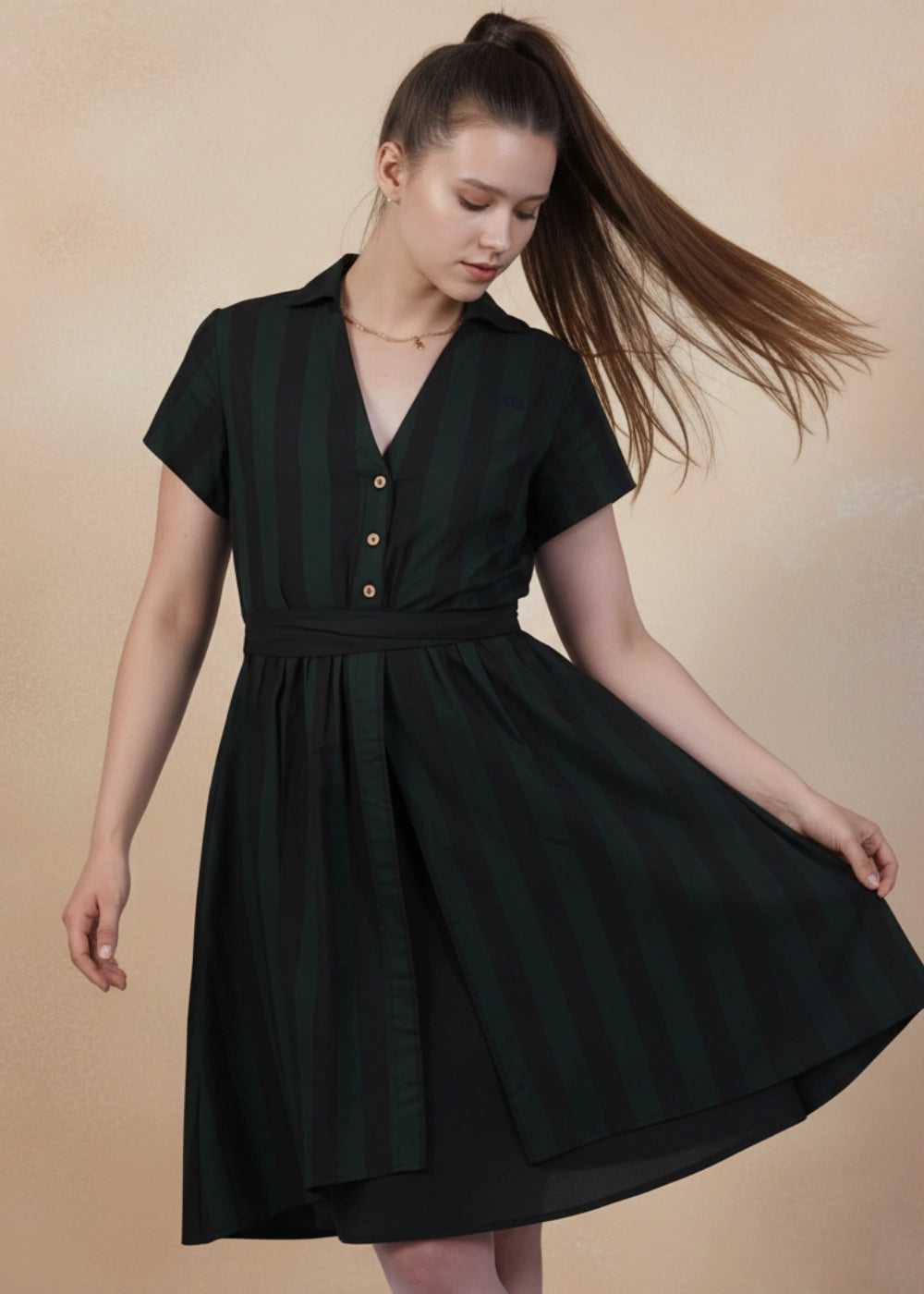 Green & Black Striped Cotton Dress | Sustainable Women's Clothing | Karee Green & Black Striped Cotton Dress | Sustainable Women's Clothing | Karee