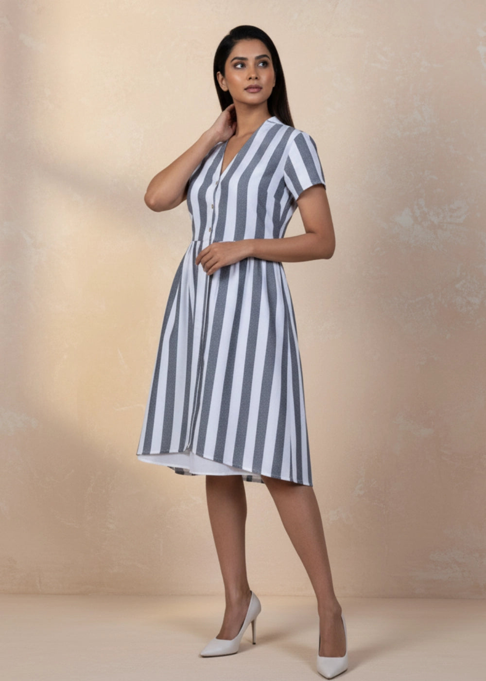 Timeless Striped Elegance Slit Dress (Grey & White)