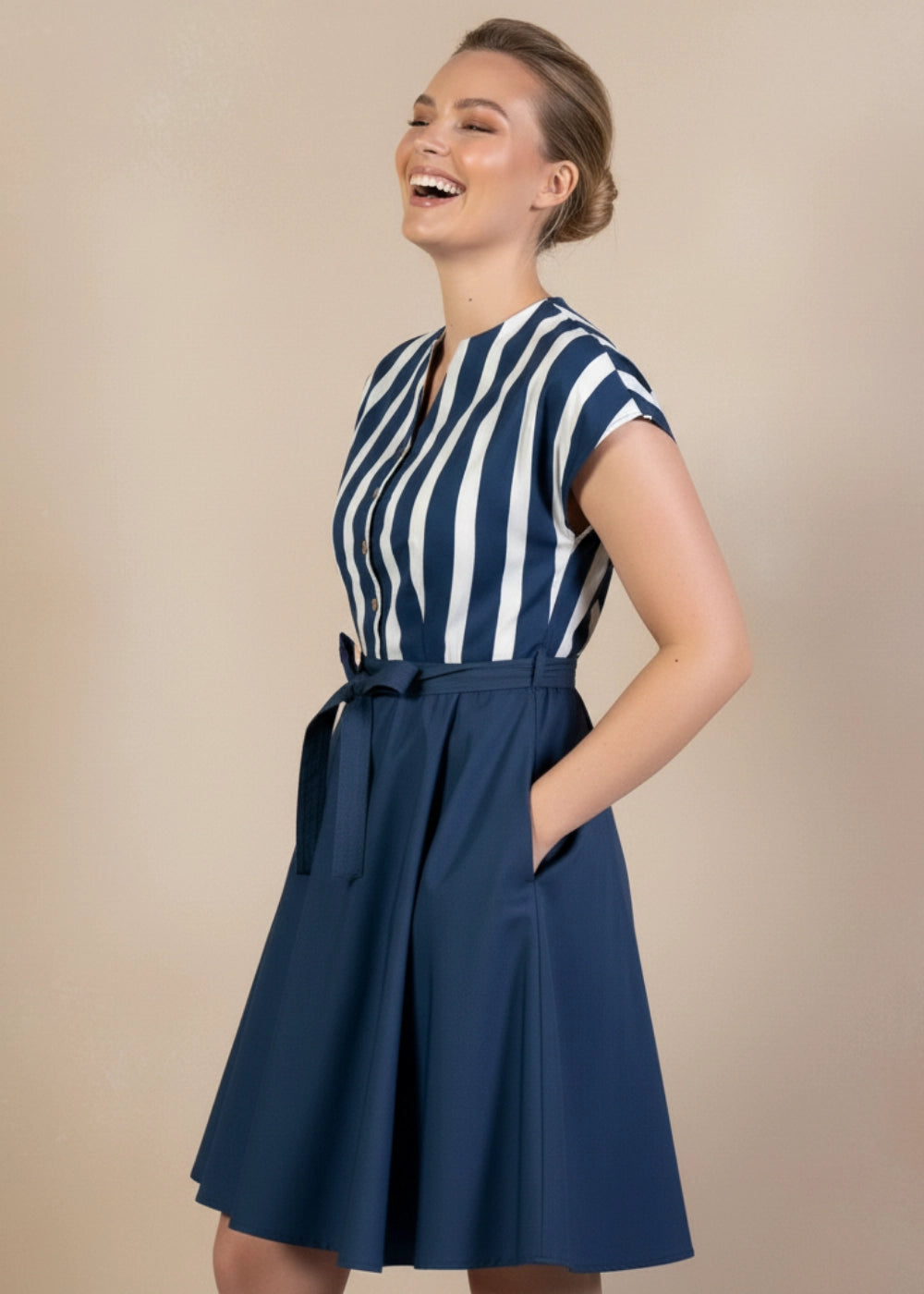 Denim Blue White Contrast Cotton Midi Dress for Women India