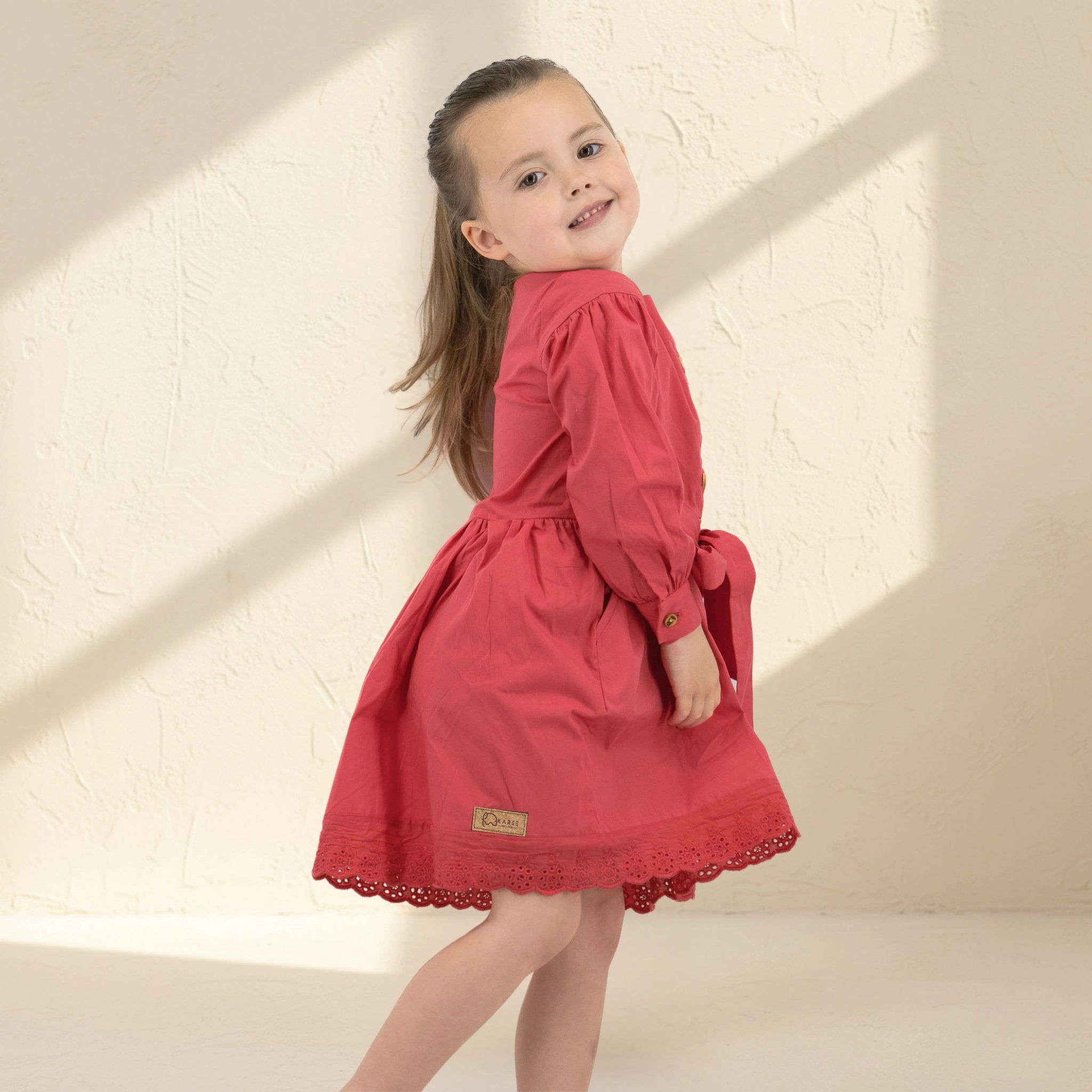 Red Long Puff Sleeve Cotton Dress Kids Karee