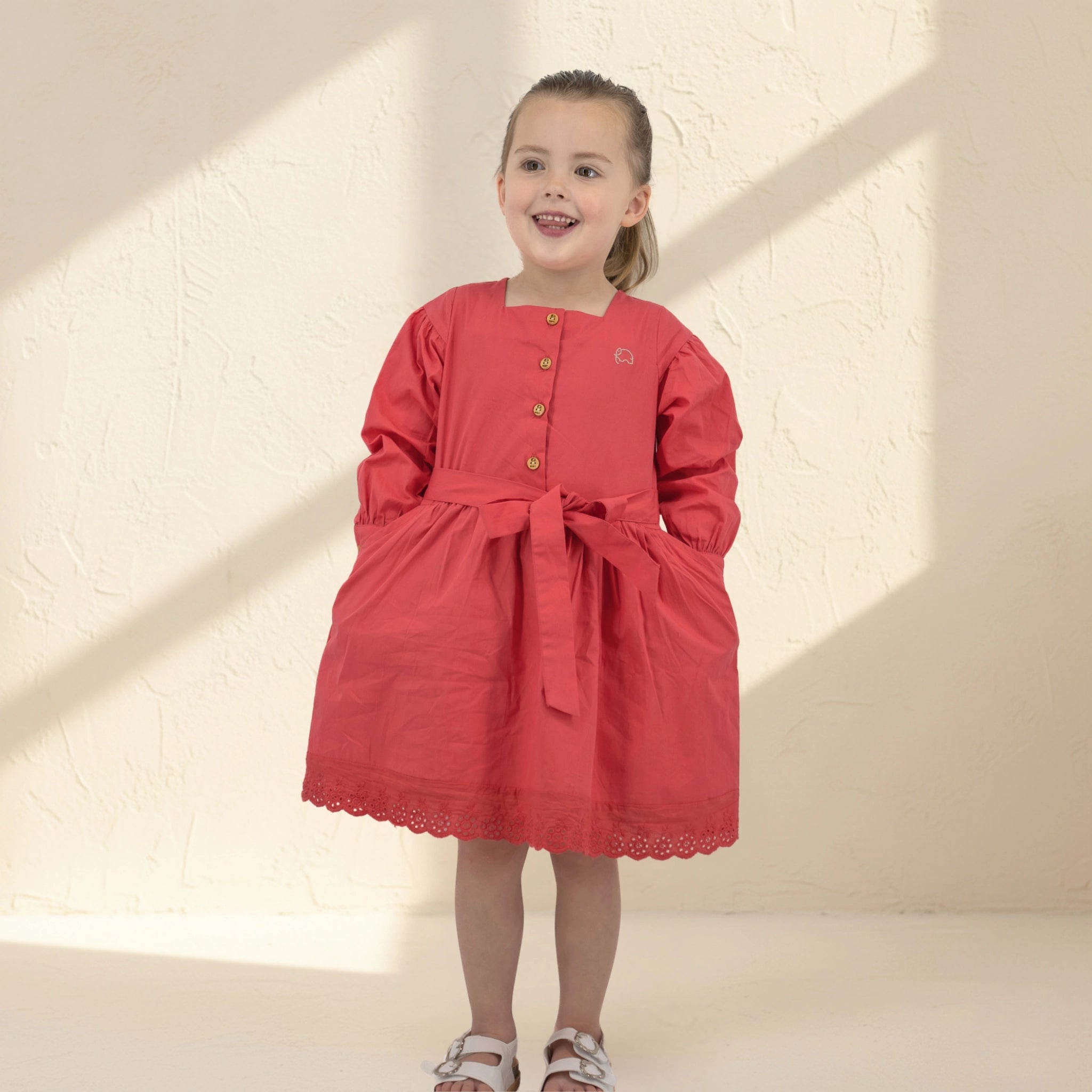 Red Long Puff Sleeve Cotton Dress Age 6-7 Kids Karee