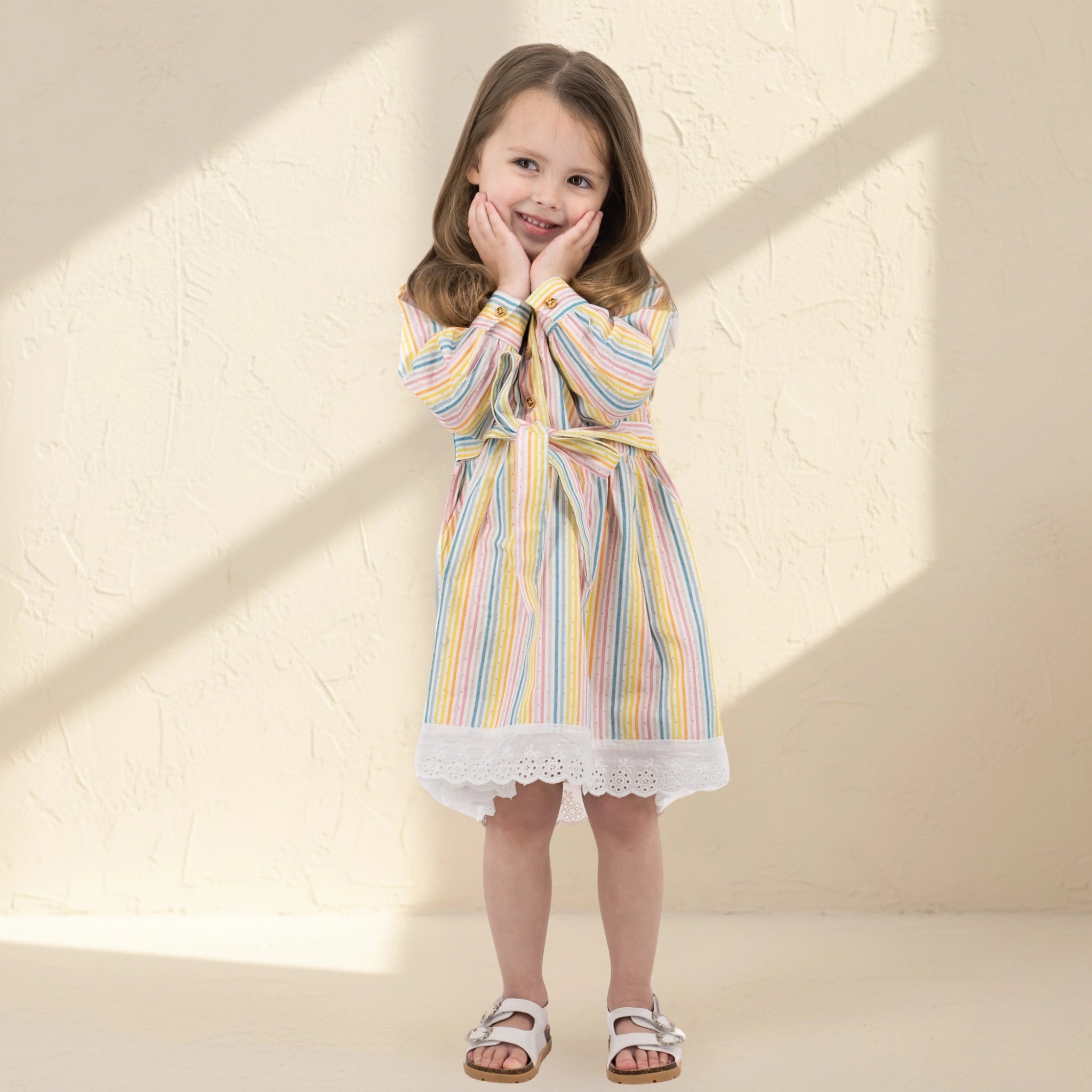 White Striped Puff Sleeve Cotton Dress for Girls | Karee Sustainable Kidswear