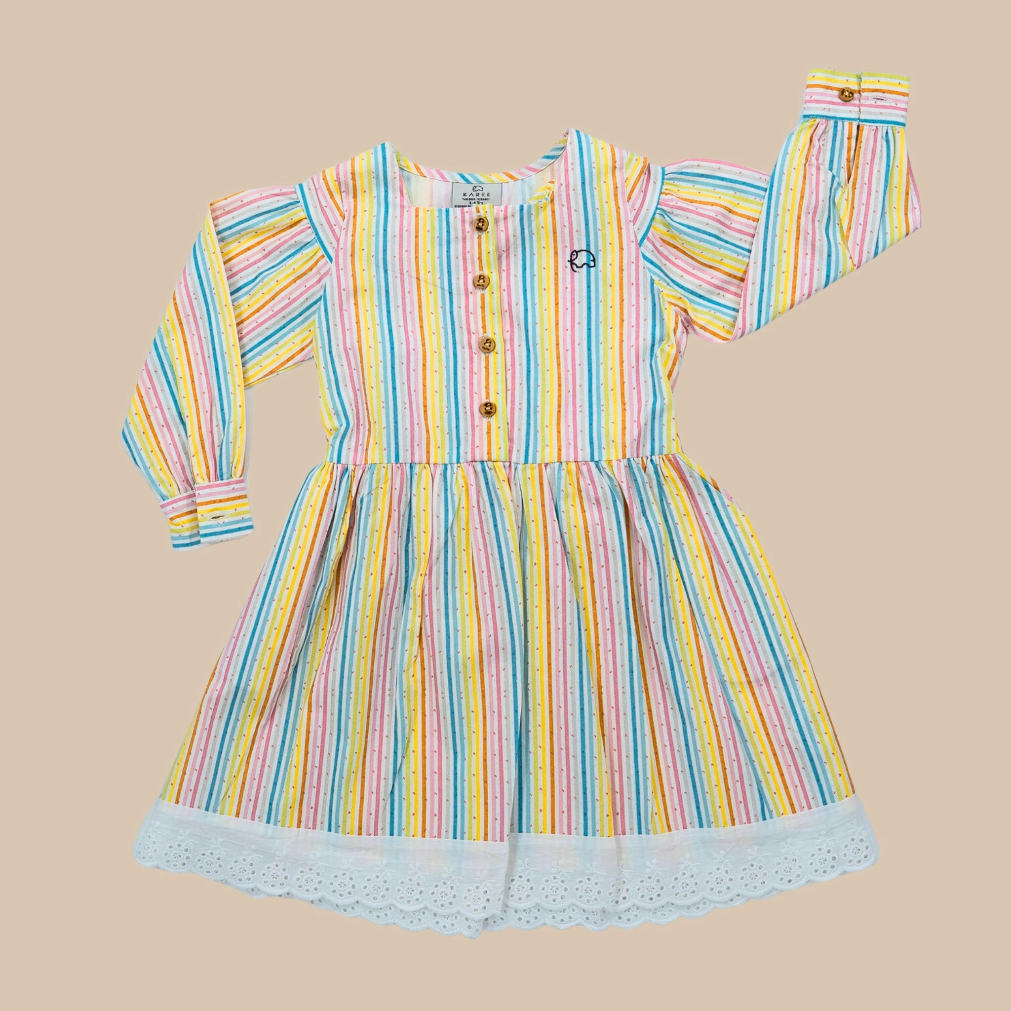 White Striped Puff Sleeve Cotton Dress for Girls | Karee Sustainable Kidswear Kids Karee