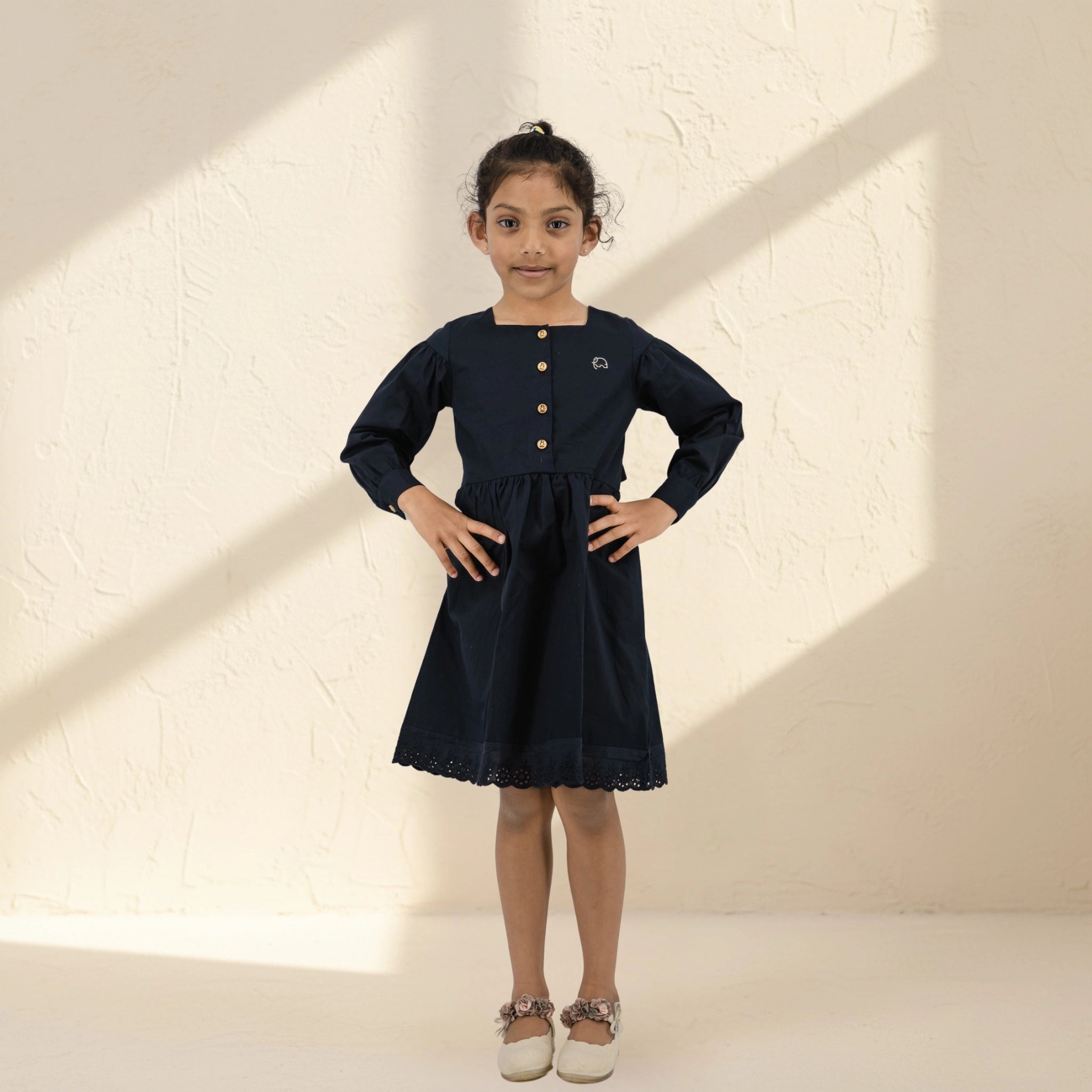 Black Long Puff Sleeve Cotton Dress for Girls | Karee Sustainable Kidswear Age 6-7 Kids Karee