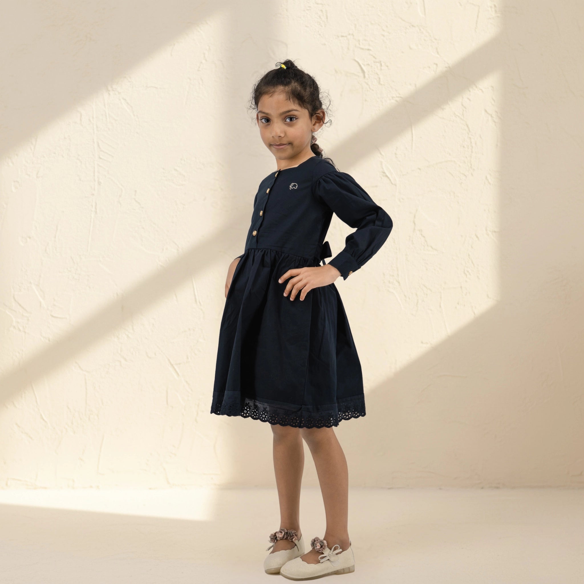Black Long Puff Sleeve Cotton Dress for Girls | Karee Sustainable Kidswear Kids Karee