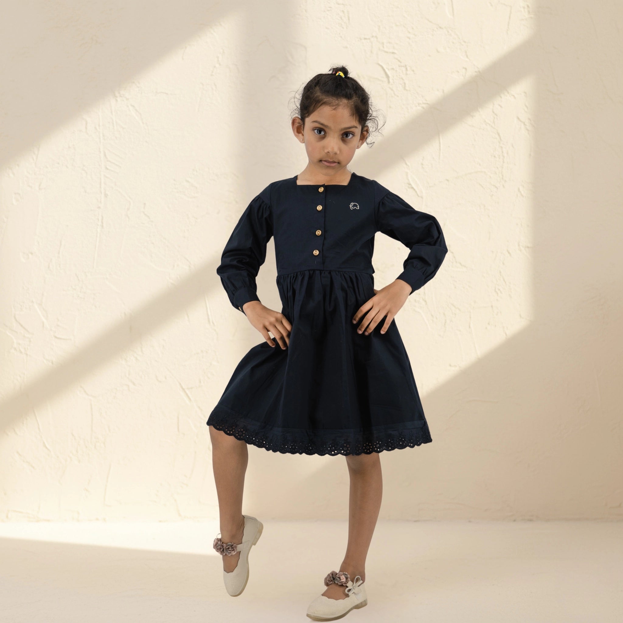 Black Long Puff Sleeve Cotton Dress for Girls | Karee Sustainable Kidswear Kids Karee