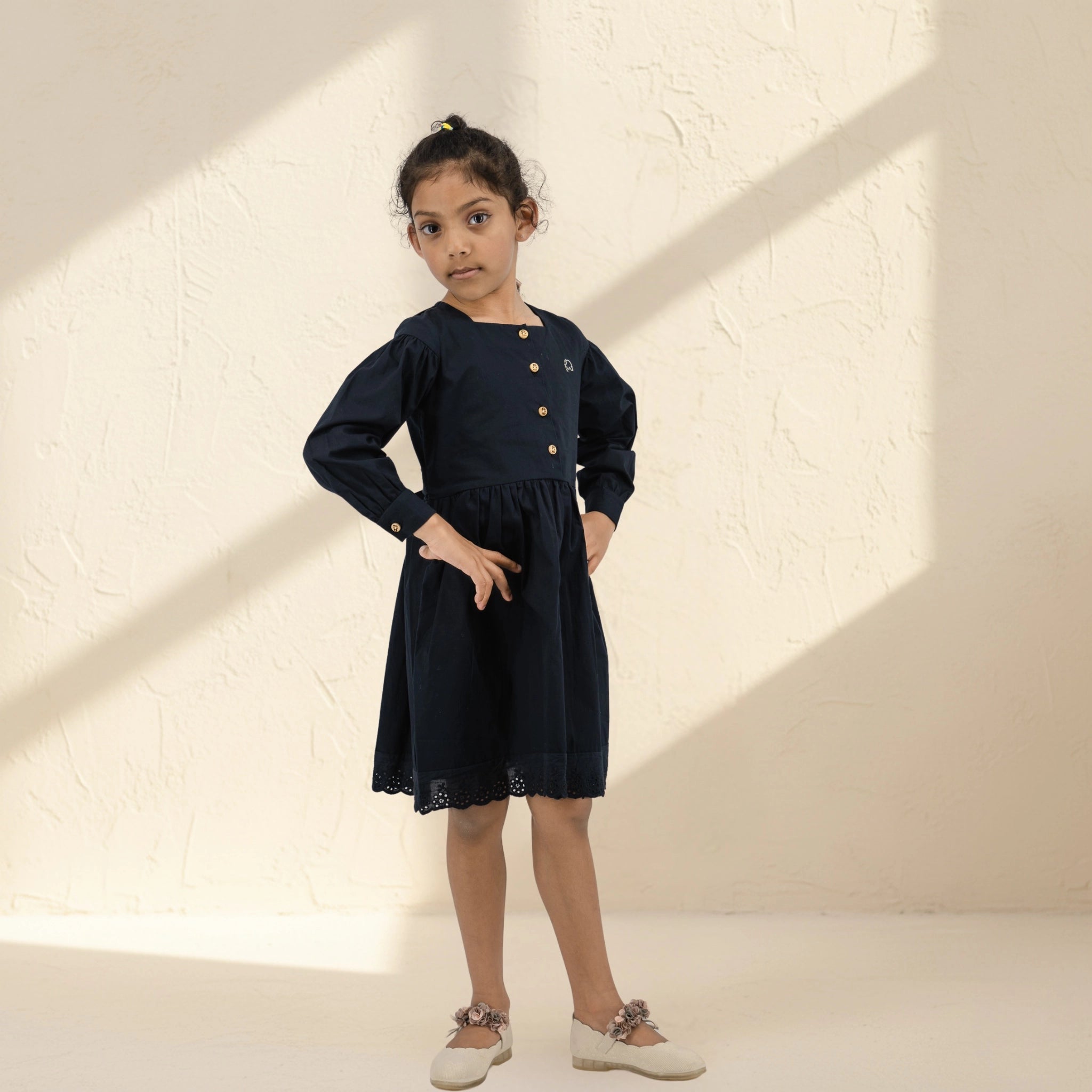 Black Long Puff Sleeve Cotton Dress for Girls | Karee Sustainable Kidswear Kids Karee
