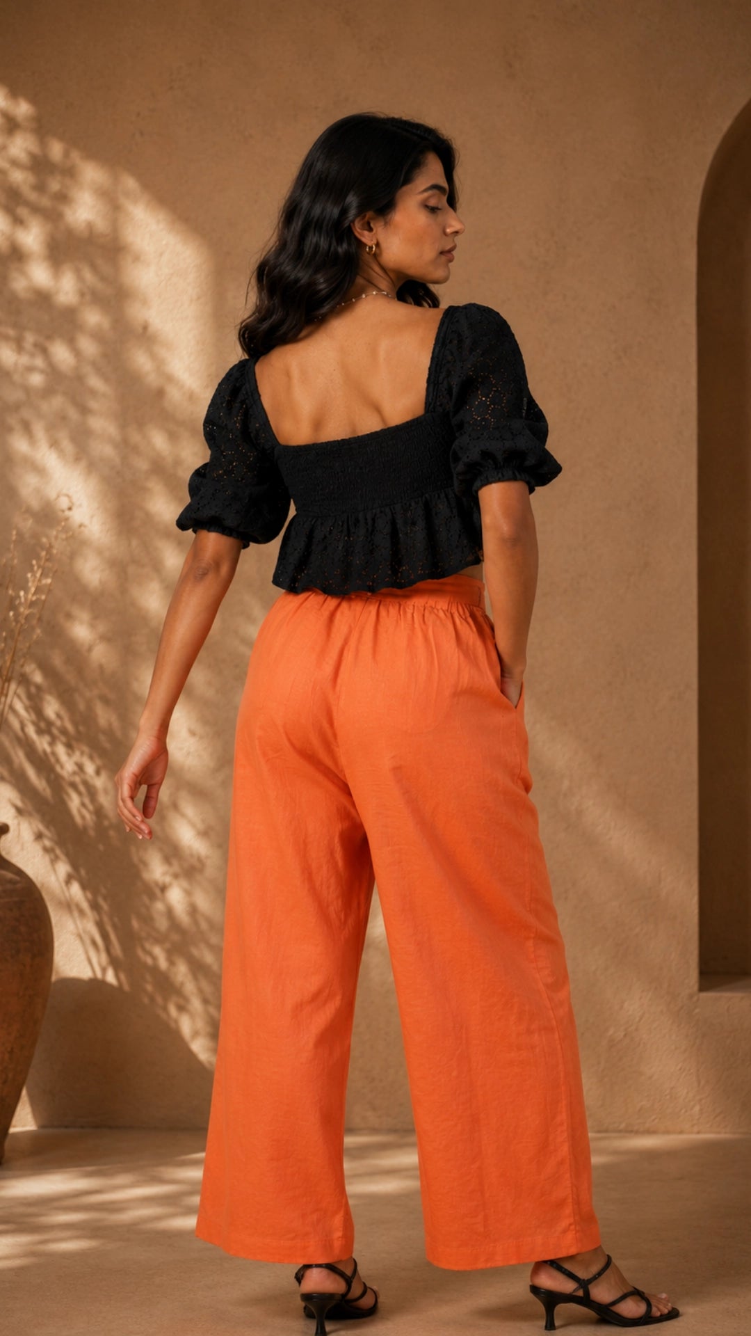 Deep Saffron Linen Trousers for Women India — Wide Leg | Karee Women Karee
