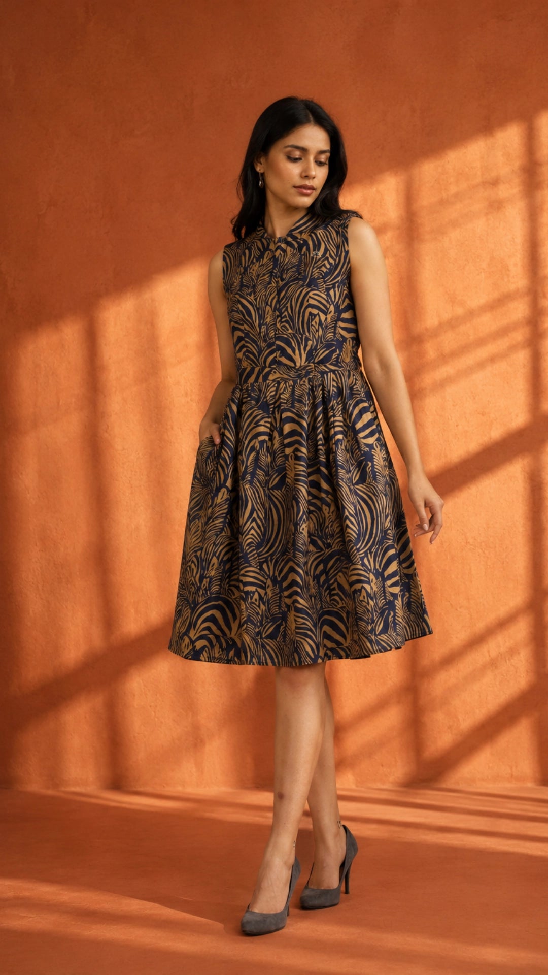 Navy Geometric Print Linen Midi Shirt Dress for Women India | Karee Women Karee