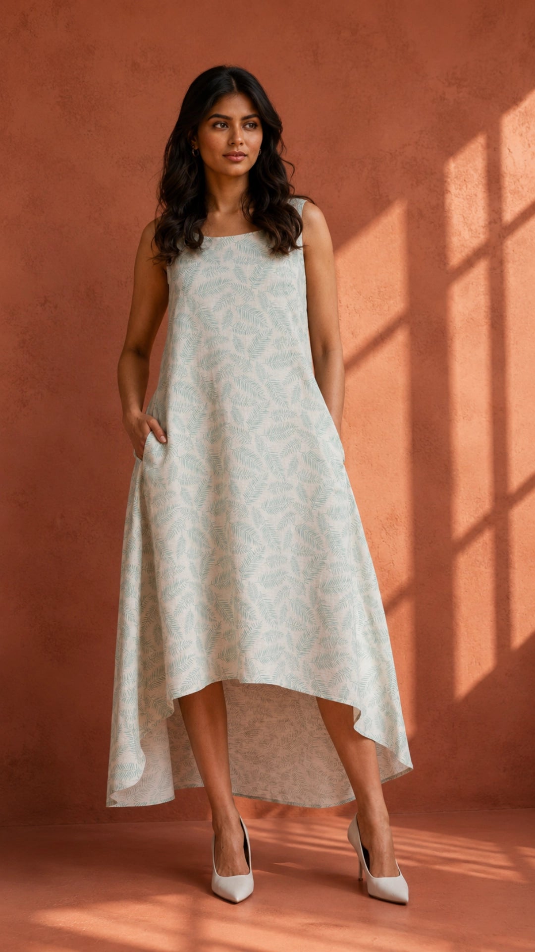 Blue Botanical Print High-Low Linen Cotton Dress for Women India