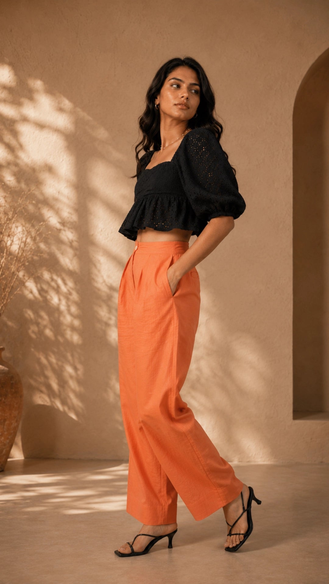 Deep Saffron Linen Trousers for Women India — Wide Leg | Karee Women Karee