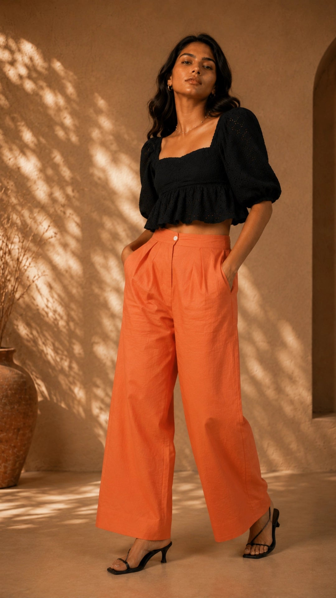 Deep Saffron Linen Trousers for Women India — Wide Leg | Karee Women Karee