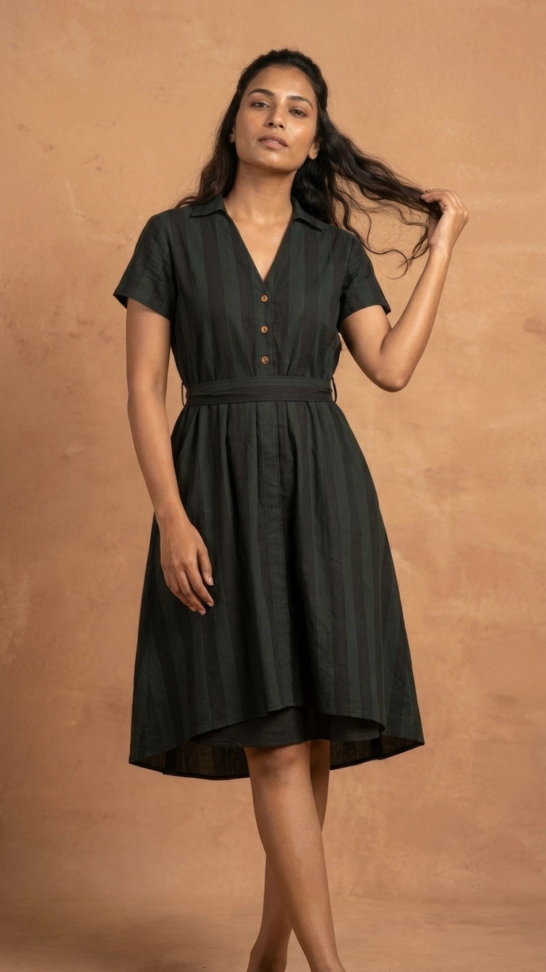 Green Black Stripe Slit Midi Dress for Women India